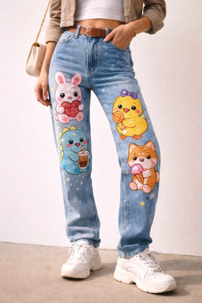 ตัวอย่างกางเกงยีนส์ปักเลื่อมลายการ์ตูน