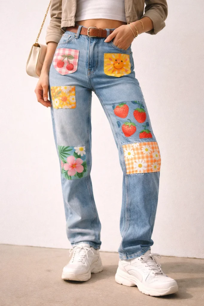 ตัวอย่างกางเกงยีนส์แต่งผ้าลายสีสันสดใส