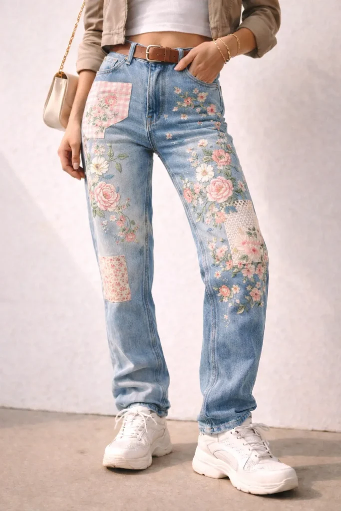ตัวอย่างกางเกงยีนส์ลายดอกไม้