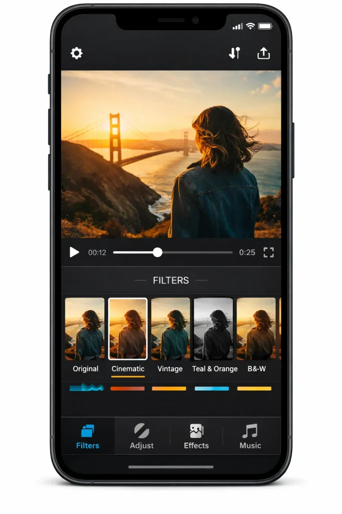 ตัวอย่างแอปตัดต่อวิดีโอเน้นฟิลเตอร์และการปรับโทนสี